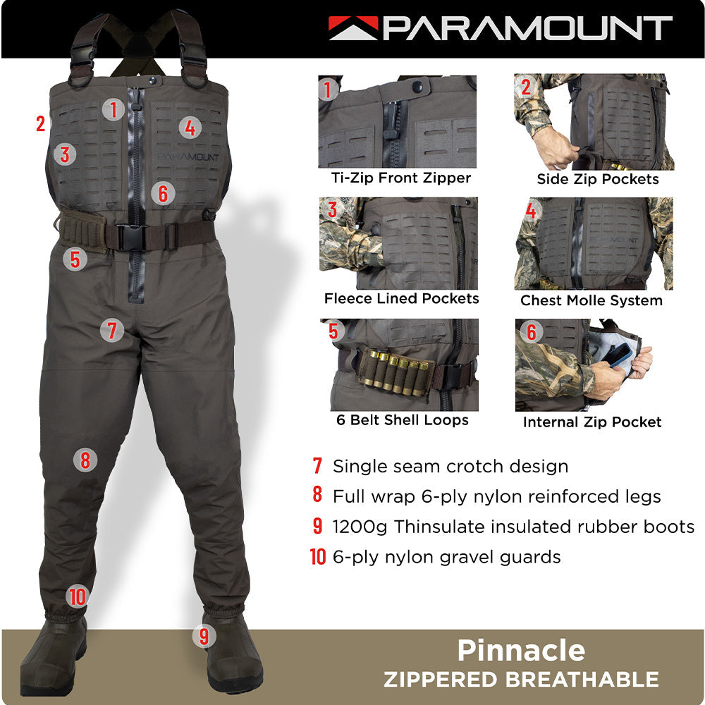 Paramount Breathable, Zippered, Bootfoot Wader. Bested Wader for Duck Hunting or Razor Clamming! Camo or Brown
