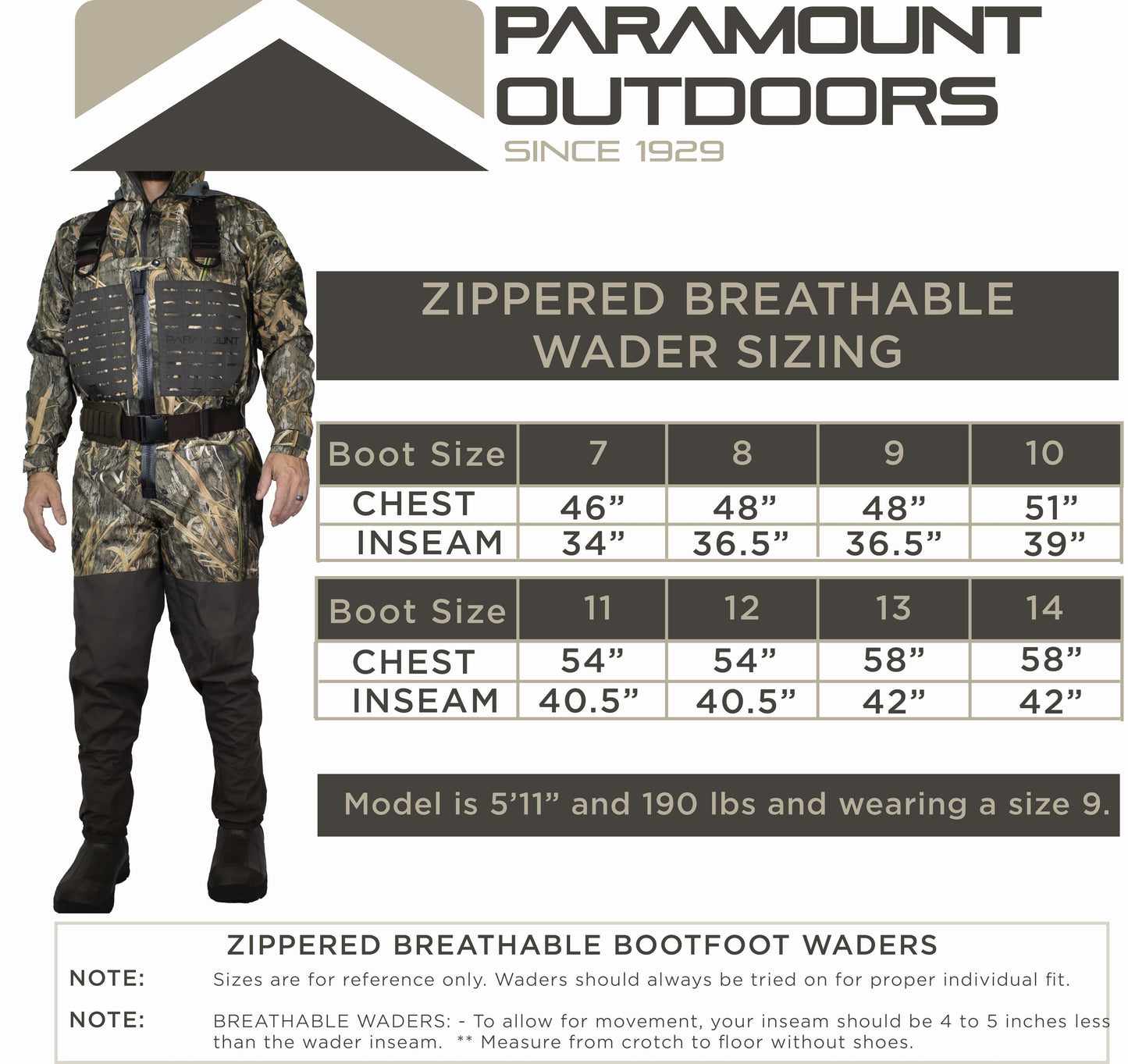 Paramount Breathable, Zippered, Bootfoot Wader. Bested Wader for Duck Hunting or Razor Clamming! Camo or Brown