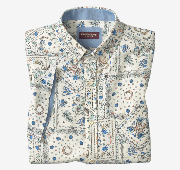 Linen-Blend Short-Sleeve Print Shirt Bandana Print