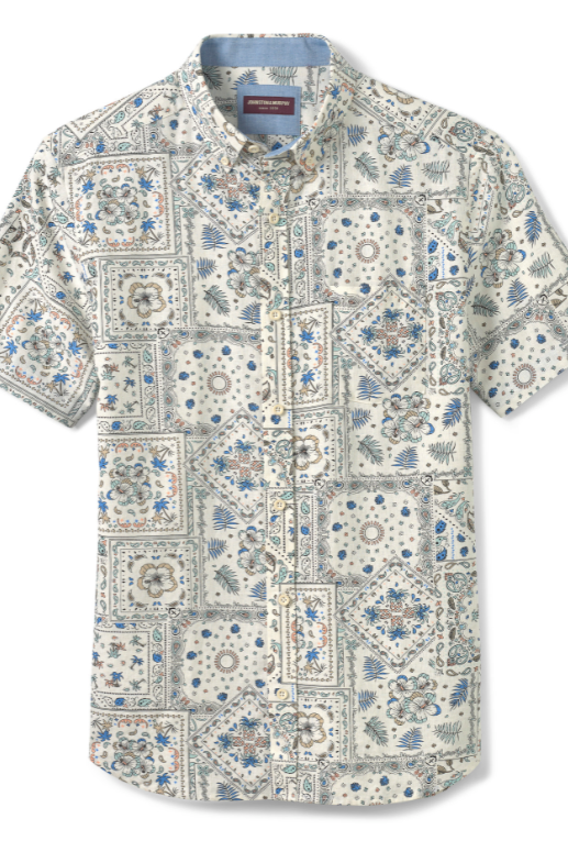 Linen-Blend Short-Sleeve Print Shirt Bandana Print