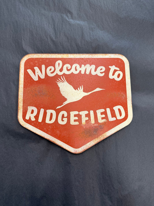 Welcome to Ridgefield adventure sign featuring a sandhill crane