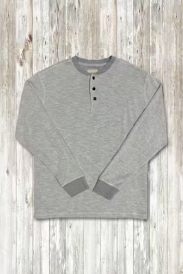 True Grit henley with grey rib in Heather Grey, a soft, classic henley for layering, cabin weekends, travel and everyday wear