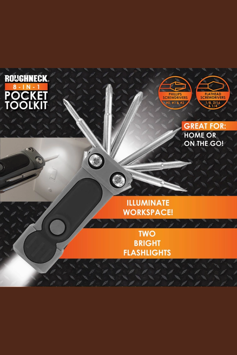 Roughneck 8 in 1 multi pocket tool with light, including Phillips and flathead screwdrivers and two flashlights, a compact gift for quick fixes at home, in the car, at the shop or on the go
