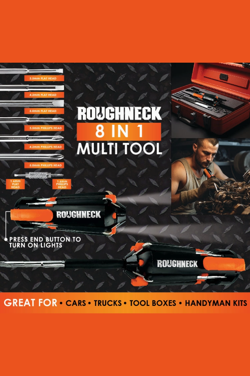 Roughneck 8 in 1 multi tool with light, a versatile screwdriver set with a built-in flashlight for DIY projects, car repairs and household fixes, a great gift for the handyman in your life