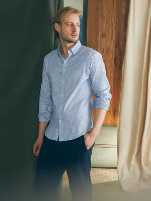Faherty movenent shirt, long sleeve, button down, light bluelight blue gingham