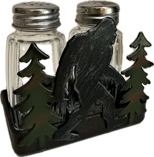 Bigfoot Salt & Pepper Shaker Set - Metal Silhouette Wilderness Scene with Glass Shakers
