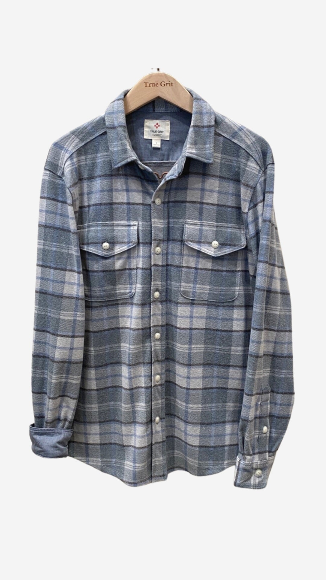 The Drifter soft flannel button down from True Grit is the perfect way to keep warm this fall.&nbsp; Long sleeve with 2 button front pockets, Grey and blue plaid stripes.