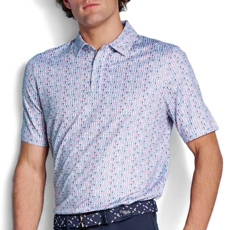 polo with martini glasses blue background