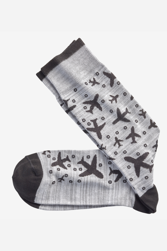 Johnston & Murphy airplane novelty sock in Gray Airplanes, extra-soft Pima cotton dress socks that add a fun pop of personality to office outfits, travel days and weddings, a great gift for pilots and frequent flyers
