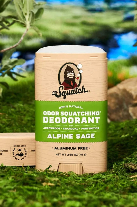 Dr. Squatch Alpine Sage deodorant, an aluminum-free natural deodorant that smells like a warm mountain breeze and keeps you fresh at work, the gym and outdoors
