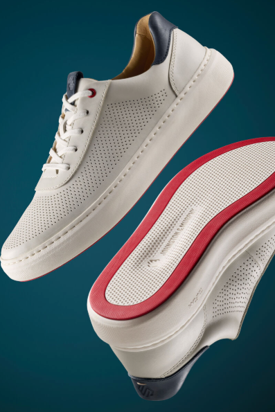 Johnston & Murphy Anders Perfed U-Throat in White perforated full-grain leather with bouncy TRUFOAM cushioning, a clean, comfortable sneaker for travel, golf outings, long walks and casual Fridays
