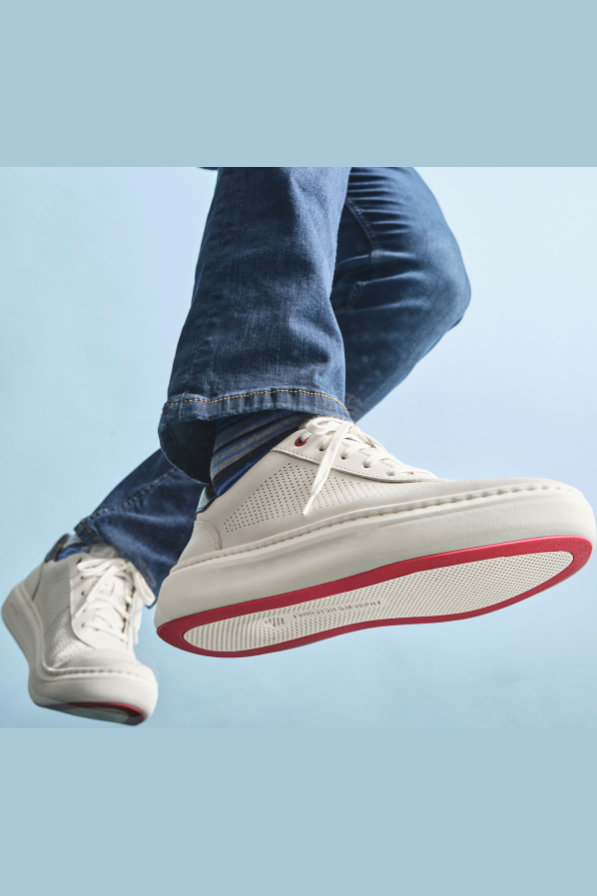 Johnston & Murphy Anders Perfed U-Throat in White perforated full-grain leather with bouncy TRUFOAM cushioning, a clean, comfortable sneaker for travel, golf outings, long walks and casual Fridays