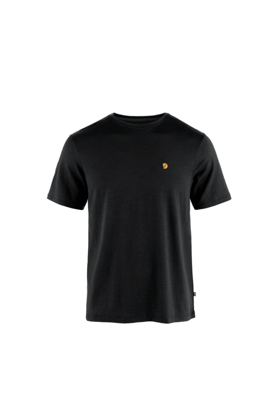 Fjällräven Bergtagen merino short sleeve shirt in Black, a soft, odor-resistant merino wool base layer tee for hiking, trail running, travel and layering on outdoor adventures