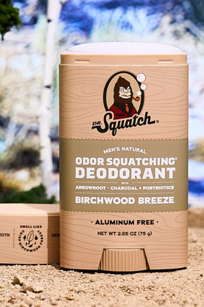 Dr. Squatch Birchwood Breeze deodorant, a fresh, woody aluminum-free natural deodorant that keeps you fresh at work, the gym and outdoors