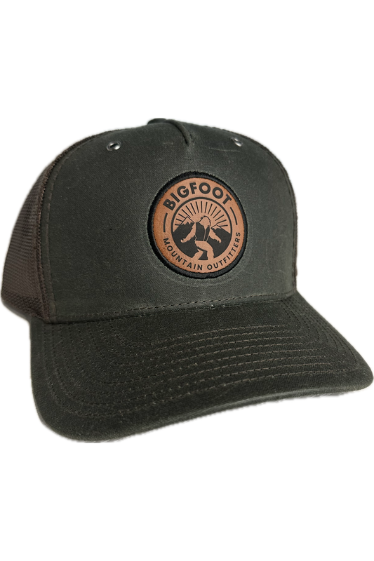 Bigfoot Mountain Outfitters Hawthorne mesh hat in Dark Olive/Coffee, a classic trucker hat for fishing, hiking, yard work, road trips and everyday Pacific Northwest adventures