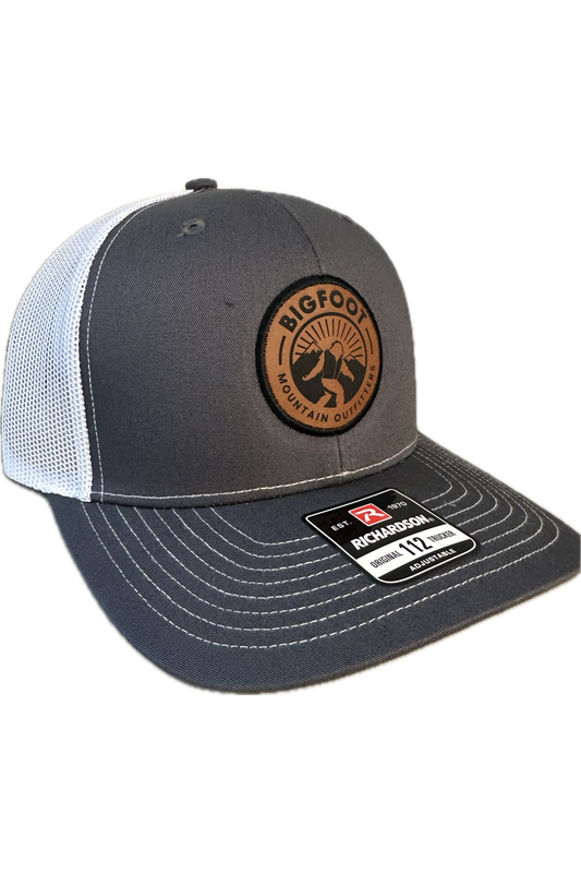 Bigfoot Mountain Outfitters signature mesh hat in Grey/White, a classic trucker hat for fishing, hiking, road trips, game days and everyday wear