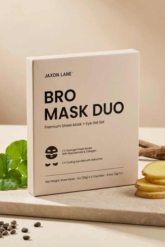 Jaxon Lane Bro Mask Duo with a cooling sheet mask and hydrogel eye gels, an easy self-care set to refresh tired skin after travel, late nights or before a big event, a great gift for him