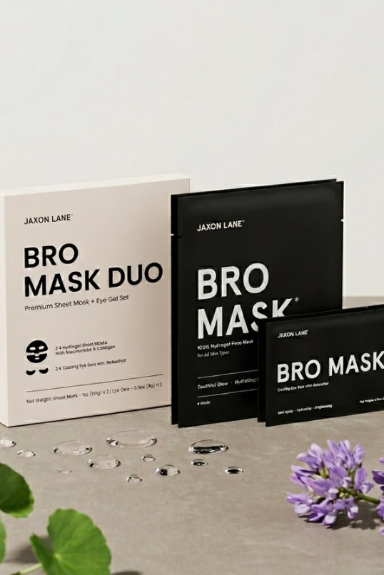 Jaxon Lane Bro Mask Duo with a cooling sheet mask and hydrogel eye gels, an easy self-care set to refresh tired skin after travel, late nights or before a big event, a great gift for him