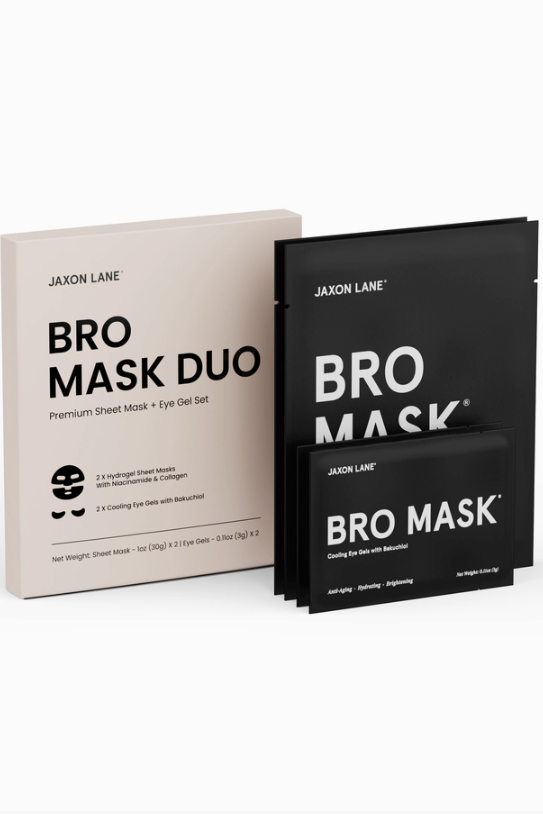 Jaxon Lane Bro Mask Duo with a cooling sheet mask and hydrogel eye gels, an easy self-care set to refresh tired skin after travel, late nights or before a big event, a great gift for him