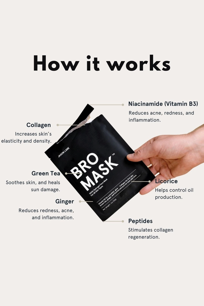 Jaxon Lane Bro Mask hydrogel face mask, a deeply hydrating men's sheet mask with vitamins and collagen to refresh skin after travel, long weeks or before a big event, a great grooming gift