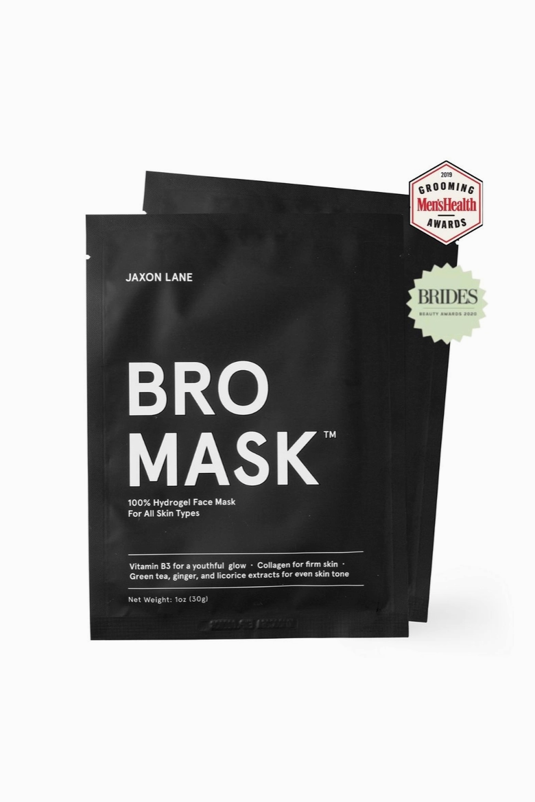 Jaxon Lane Bro Mask hydrogel face mask, a deeply hydrating men's sheet mask with vitamins and collagen to refresh skin after travel, long weeks or before a big event, a great grooming gift
