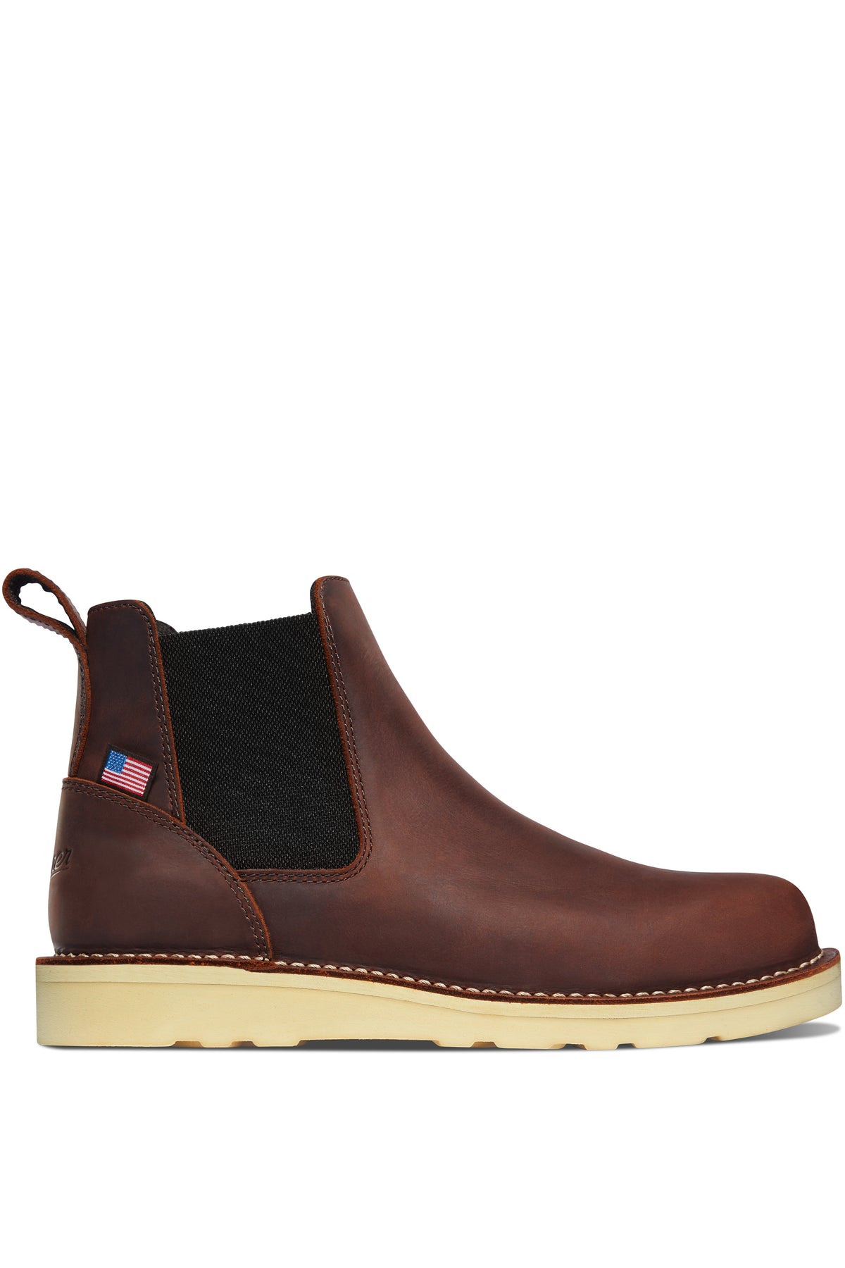 Danner Bull Run Chelsea boot in 6 inch Brown leather, an easy pull-on work boot built for service calls, the wood shop, yard work and everyday wear with jeans