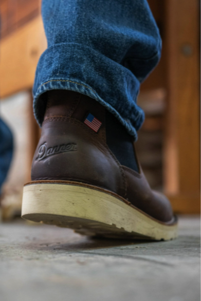 Danner Bull Run Chelsea boot in 6 inch Brown leather, an easy pull-on work boot built for service calls, the wood shop, yard work and everyday wear with jeans