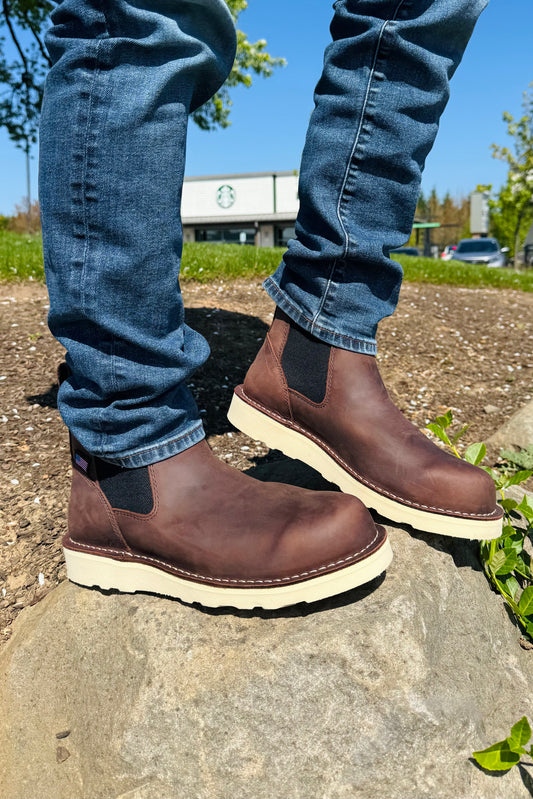 Danner Bull Run Chelsea boot in 6 inch Brown leather, an easy pull-on work boot built for service calls, the wood shop, yard work and everyday wear with jeans