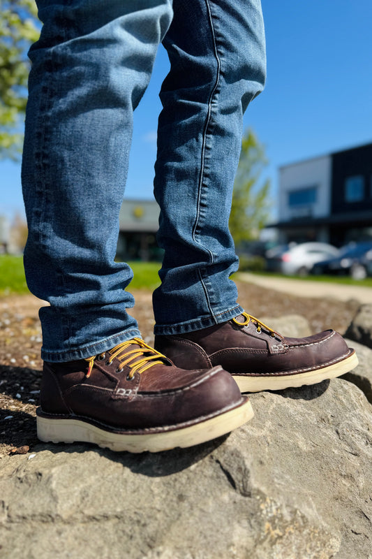 Danner Bull Run Moc Toe GTX in Brown, a waterproof GORE-TEX leather work boot with classic moc toe styling for job sites, farm chores, rainy days and weekend wear