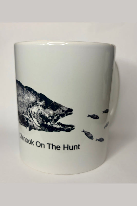 Bigfoot Mountain Outfitters Chinook On The Hunt Gyotaku coffee mug featuring Bill Matthews' King Salmon fish rubbing art, a great gift for anglers and Pacific Northwest fishing lovers to enjoy morning coffee at home, the office or the cabin