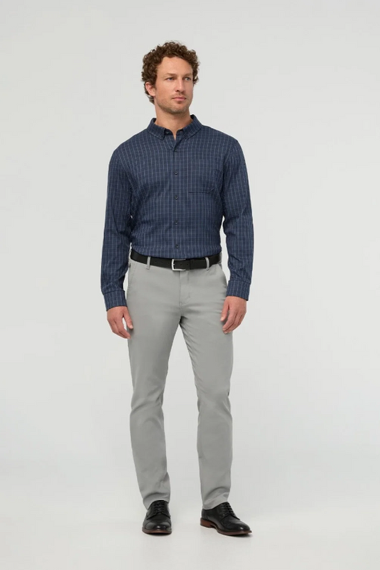 DUER Cloudweight twill shirt in Navy Check, a lightweight, trim classic-fit button-up for the office, travel days, dinners out and everyday wear