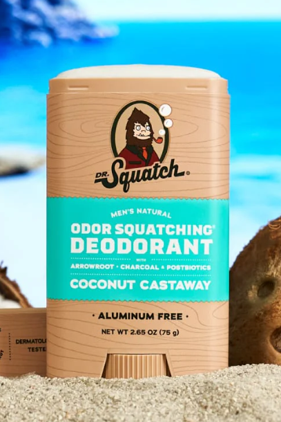 Dr. Squatch Coconut Castaway deodorant, a tropical aluminum-free natural deodorant that keeps you fresh at work, the gym, the beach and on vacation
