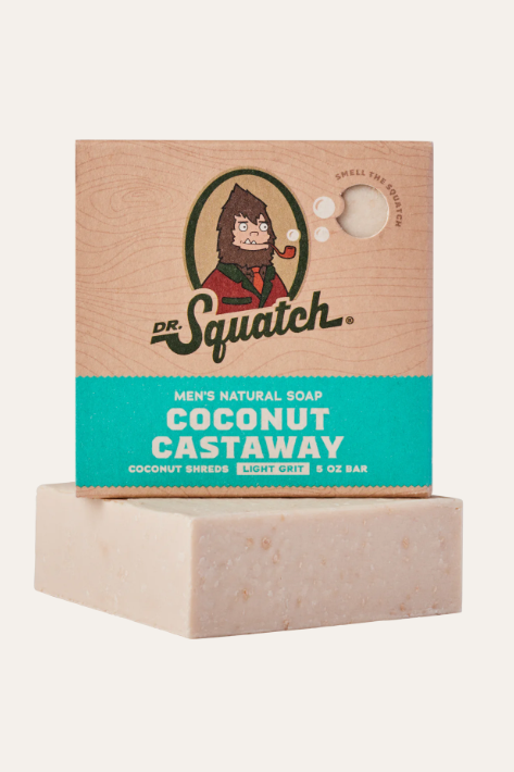 Dr. Squatch Coconut Castaway soap with toasted coconut, a tranquil tropical men's bar soap for your daily shower, a great grooming gift or stocking stuffer
