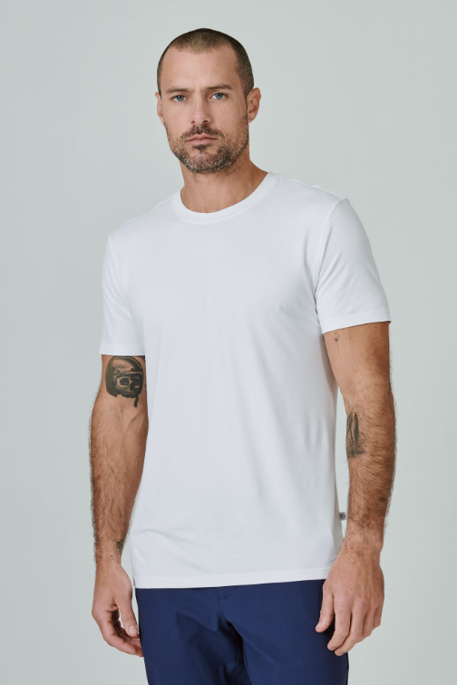7 Diamonds Core crew neck tee in White, a functional, sustainable everyday tee that stays soft and stretchy for the gym, golf, travel and layering