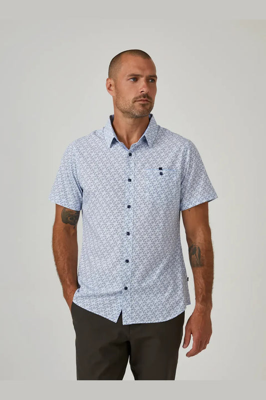 7 Diamonds Cube shirt in White, a comfortable, stylish short sleeve button-up for summer weddings, vacations, patio dinners and the golf course