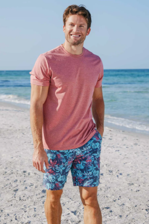 Flag & Anthem Essentials stretch crewneck tee in Coral Heather, a soft, high-quality stretch tee for everyday wear, layering, travel and weekends
