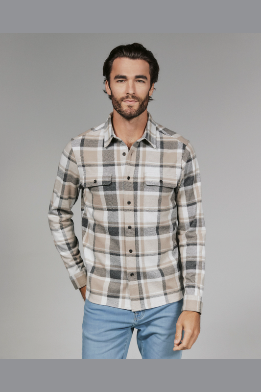 7 Diamonds Generation long sleeve shirt in Tan houndstooth, a double-knit 4-way stretch layer for fall weekends, the office, travel and dinners out