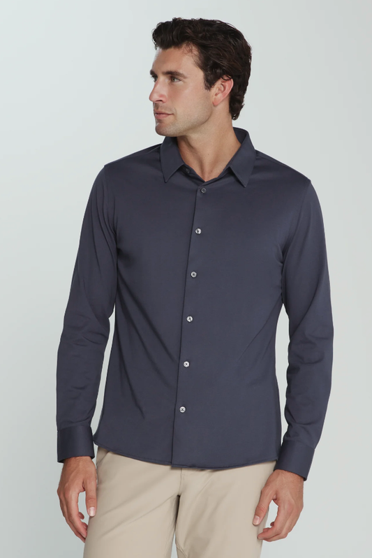 7 Diamonds Girona long sleeve in Slate, a comfortable stretch button-up for the office, date nights, weddings and dinners out