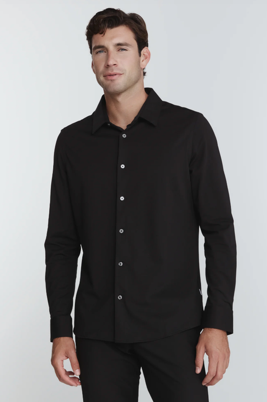 7 Diamonds Girona long sleeve shirt in Black, a sleek, comfortable stretch button-up for the office, weddings, date nights and dinners out