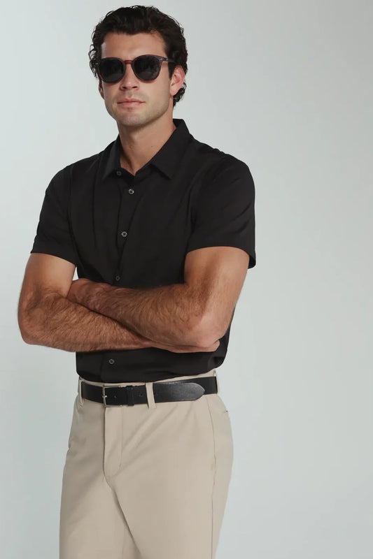 7 Diamonds Girona shirt in Black, a short sleeve button-up in the same comfortable Girona fabric for summer nights out, vacations and weddings