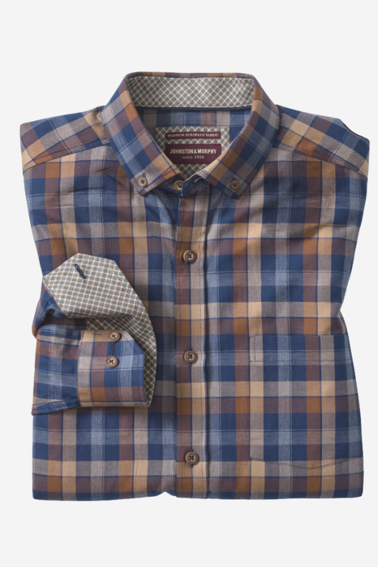 Johnston & Murphy heathered woven shirt in Big Plaid, a soft yarn-dyed button-up for business casual days, dinners out and fall weekends