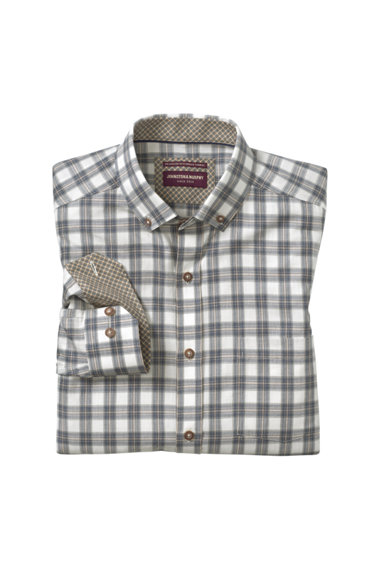 Johnston & Murphy heathered woven shirt in Navy/Tan Shadow Grid, a soft yarn-dyed button-up for business casual days, dinners out and fall weekends