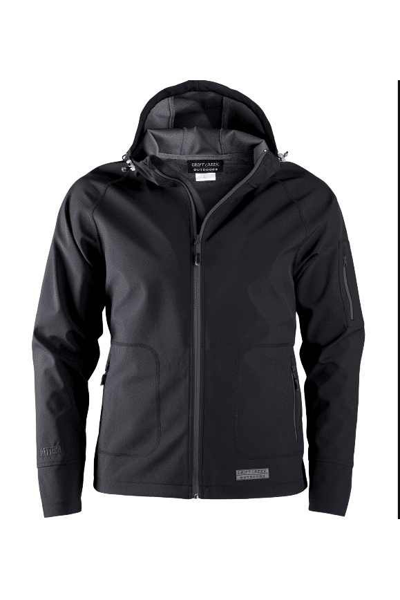 Bigfoot Mountain Outfitters BMO hooded soft shell jacket in Black, a 3-layer wind- and water-resistant jacket for hiking, fishing, commuting and cool, drizzly Pacific Northwest days