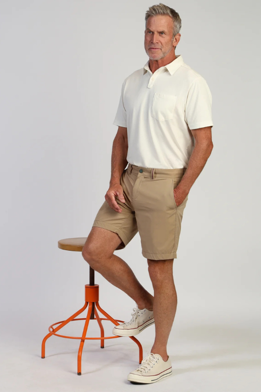 True Grit Hybrid Dock short in Khaki, quick-drying hybrid shorts for boat days, the dock, beach towns and summer weekends