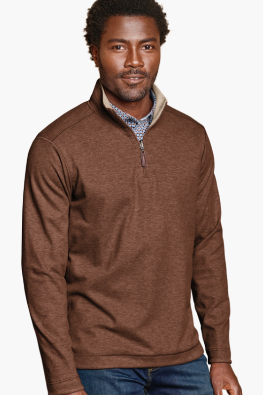 Johnston & Murphy Icon reversible quarter zip in Rust/Oatmeal, a two-in-one pullover you can flip for a new look at the office, on the golf course or while traveling