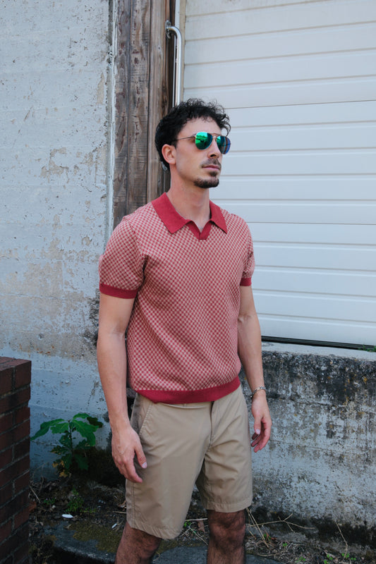 Liverpool Johnny collar sweater polo in Rust Tan, a refined knit polo for date nights, dinners out, the office and cool evenings