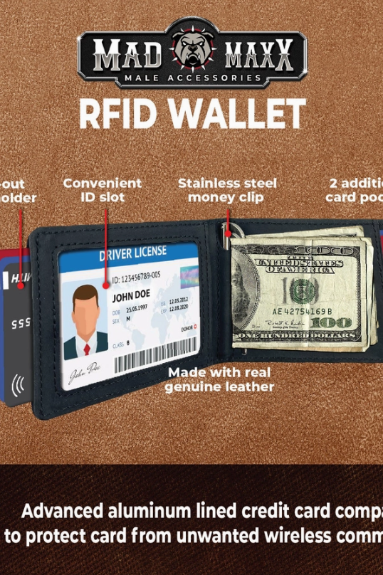 Mad Maxx Leather RFID Wallet, a slim, practical wallet for everyday carry, travel and nights out, a great gift for him