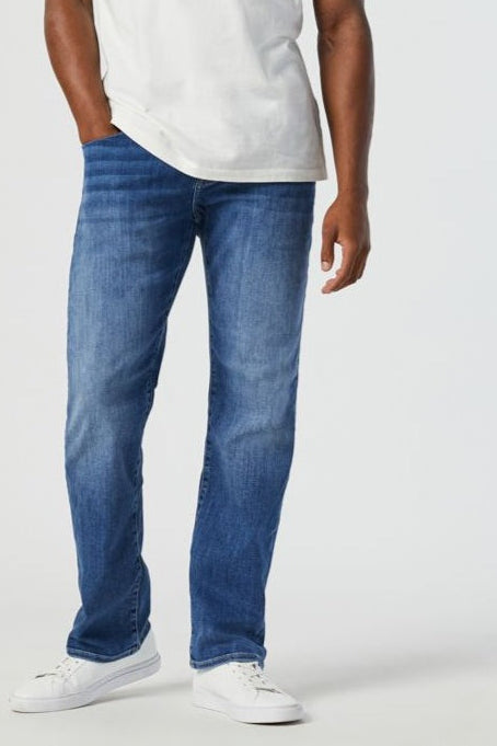Mavi Marcus Slim Straight Jean - Mid Foggy Feather Blue, comfortable, versatile denim that dresses up for dinner or down for weekends and everyday wear