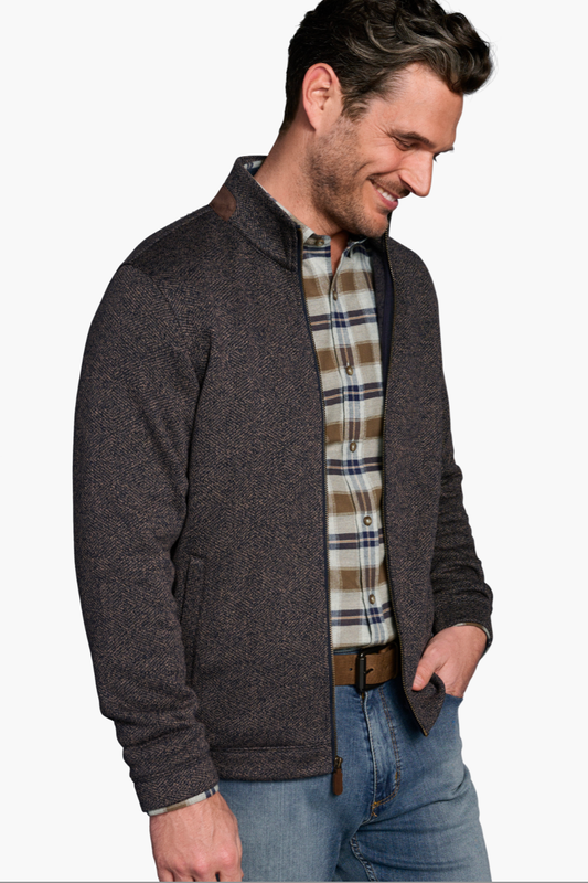 Johnston & Murphy Marled Ribbed Full Zip Jacket - Navy/Brown, a versatile jacket for cool mornings, fall weekends, travel and everyday layering