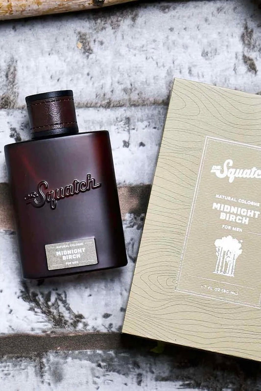 Dr. Squatch Midnight Birch cologne, an alluring, shadowy scent for date nights, evenings out and special occasions, a great gift for him